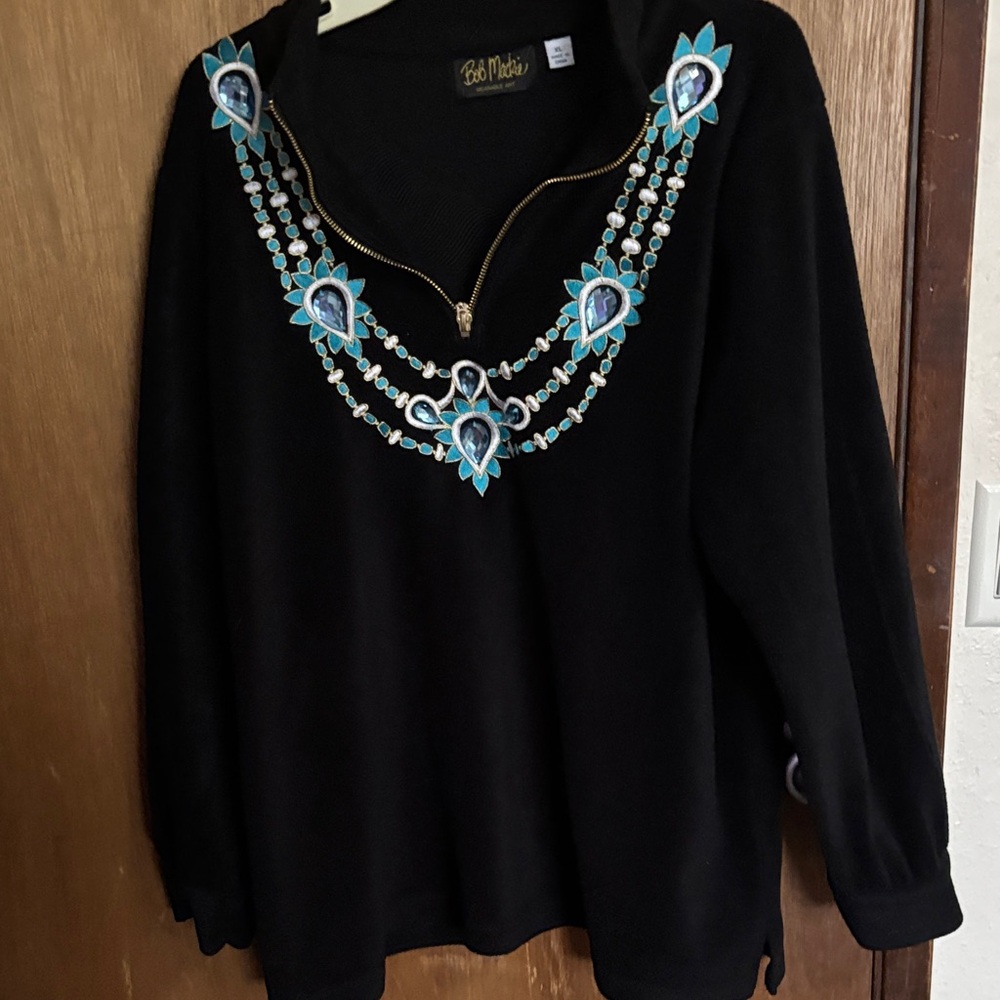 Bob Mackie Black Top with Blue Embellishments